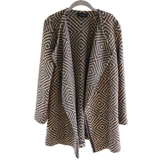 Talbots Heavy Wool-Blend Open Cardigan Sweater M Diamond Pattern Gray Cream - Picture 1 of 10